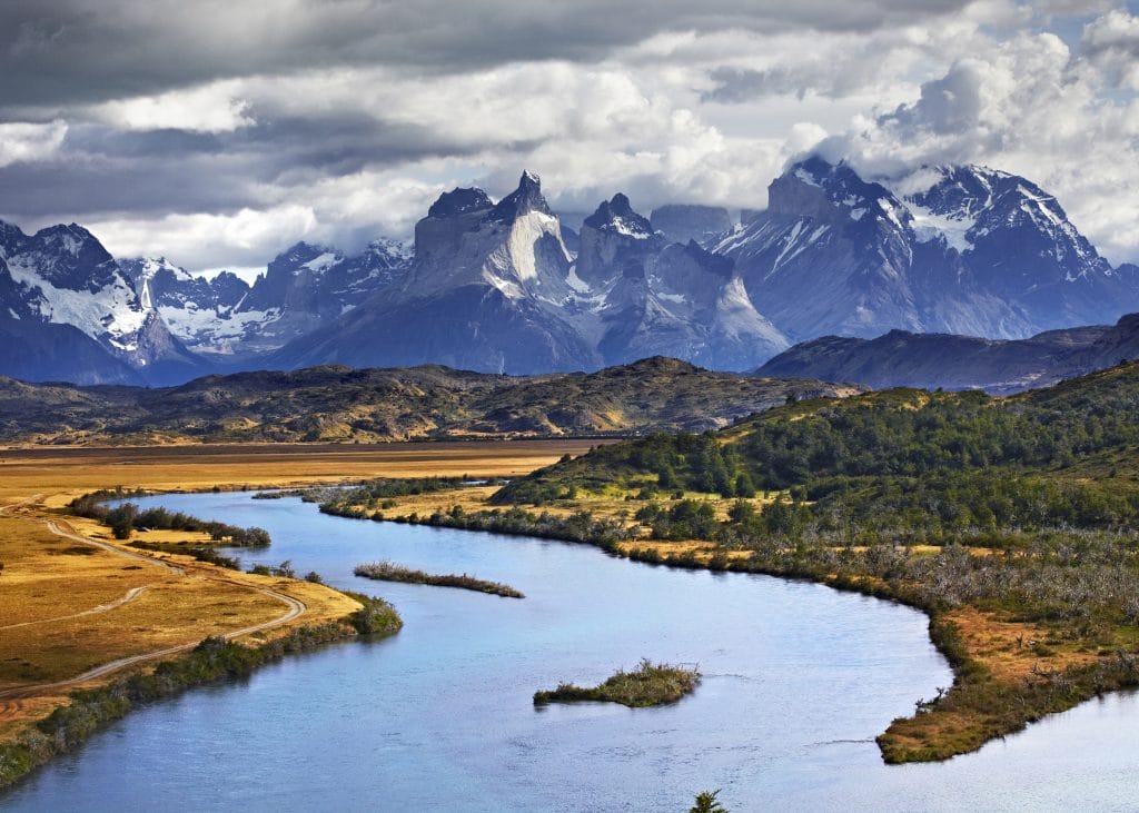 Overview of Paine River and snow-capped Paine Massif.