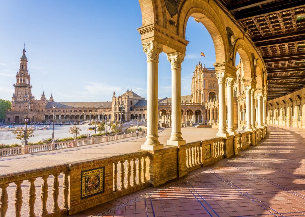 Spain Square (Plaza de Espana), Seville, Spain, built on 1928, it is one example of the Regionalism Architecture mixing Renaissance and Moorish styles.; Shutterstock ID 363034142; Your name (First / Last): Ceri James; GL account no.: 56530/Global Publishing-WIP/CeriJames/BestinTravel2018; Netsuite department name: 56530/Global Publishing-WIP/CeriJames/BestinTravel2018; Full Product or Project name including edition: 56530/Global Publishing-WIP/CeriJames/BestinTravel2018