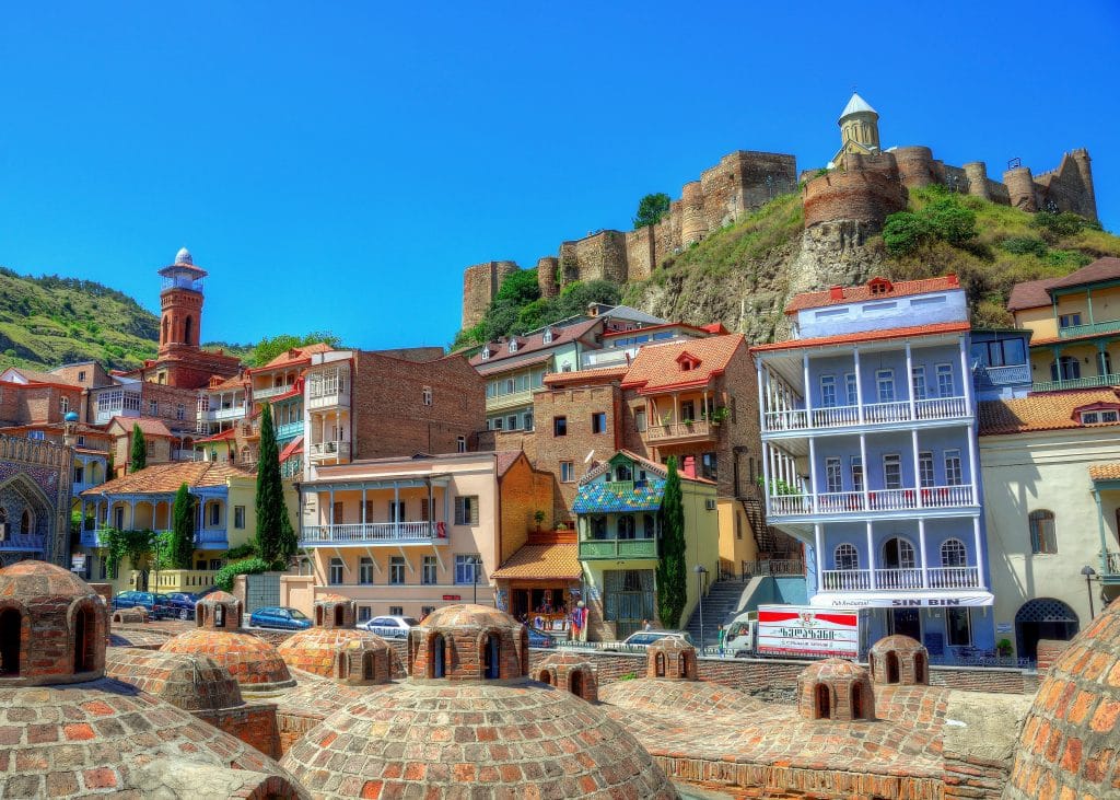 Old Town Tbilisi with Narikala Fortress looking over the mosque and sulfur baths.