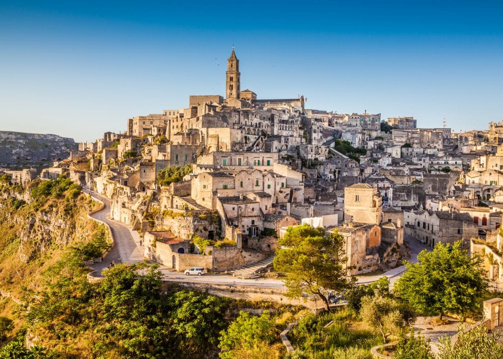 Ancient town of Matera (Sassi di Matera) at sunrise, Basilicata, southern Italy.