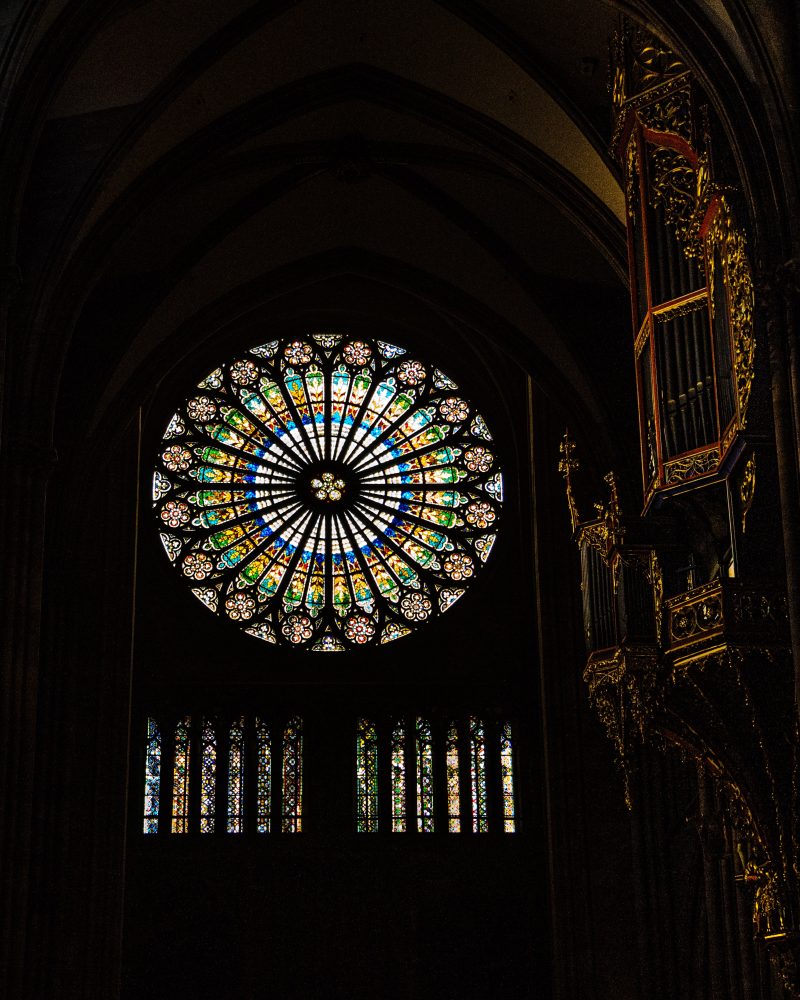 Fonte: Unsplash. Il rosone e alcune vetrate della cattedrale di Strasburgo