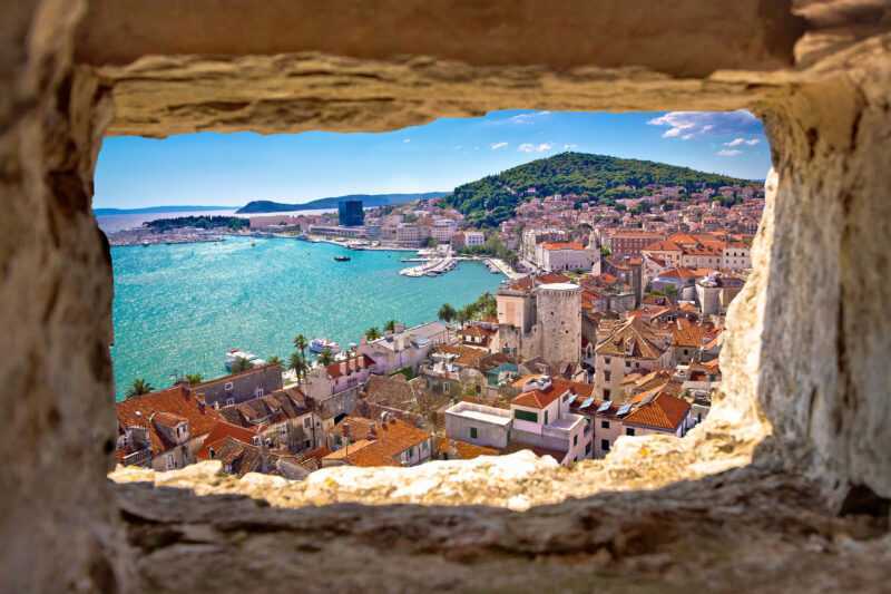 Split,Bay,Aerial,View,Through,Stone,Window,,Dalmatia,,Croatia